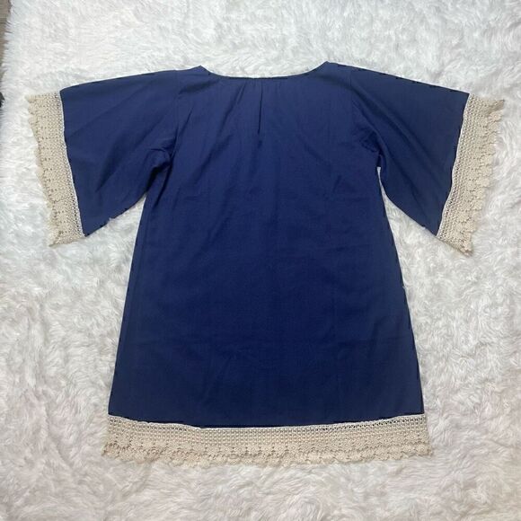 Umgee USA Boho Blue Crochet Trim Lagenlook Tunic Top Dress Size M Loose Fit - Picture 11 of 11